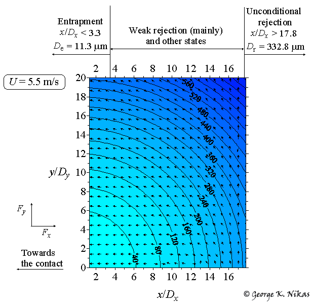 Force vectors (Fx, Fy) (distributed arrows) and contour map of particle diameters with labels 20, 40  300 referring to particle diameter in micrometres. Copyright George K. Nikas